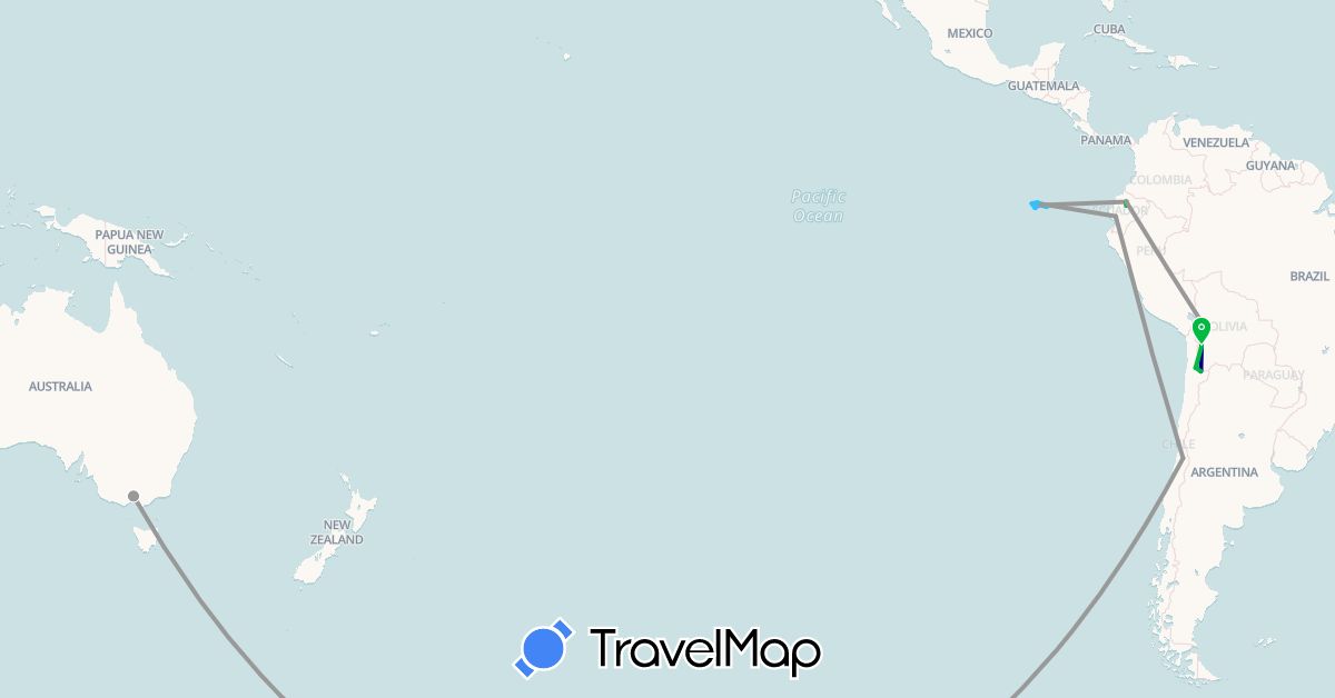 TravelMap itinerary: driving, bus, plane, boat in Australia, Bolivia, Chile, Ecuador (Oceania, South America)